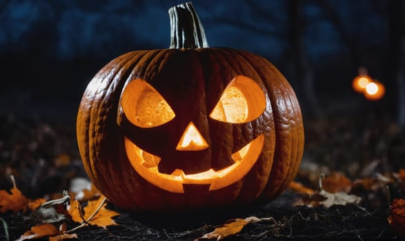 A carved pumpkin with a scary face sits on a bed of autumn leaves, illuminated by a candle inside.