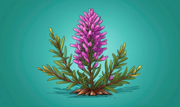 A single, tall, pink flower blooms at the center of a green plant with long, narrow leaves. The plant is set against a teal background.