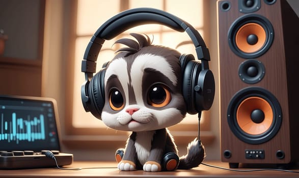 A small, cartoon-like animal with black and white fur wears black headphones. It has large, expressive eyes and a small, pink nose. It sits on a table in a room with a laptop and speakers
