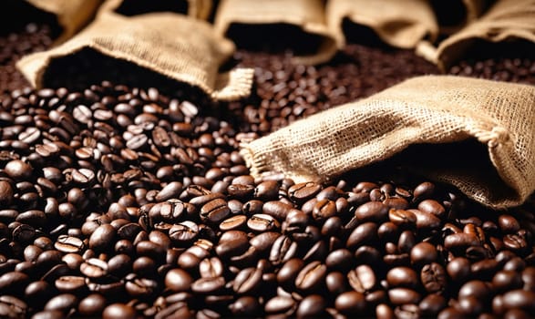 A pile of roasted coffee beans is partially covered with burlap sacks.