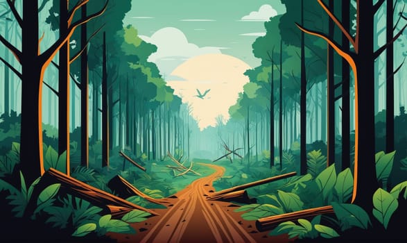 A dirt path leads into a forest, with lush green trees on both sides. The path is surrounded by fallen trees and vegetation, and a single bird flies overhead.