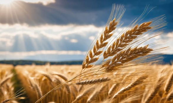 A close-up of a stalk of wheat in a field, with the sun shining through the clouds in the background. The wheat is golden brown and the sky is blue.