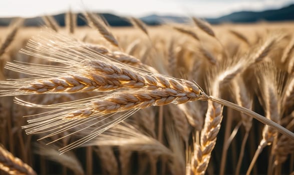 A single wheat stalk stands tall in a field of golden wheat, the sun's rays casting a warm glow on the grain. The stalk is in focus, while the surrounding wheat is blurred in the background.