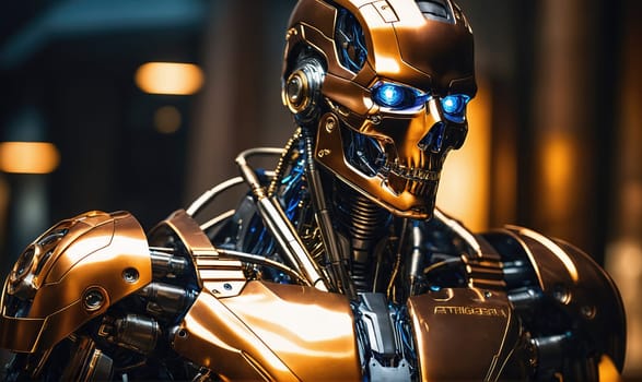 A close-up of a golden robot's head and shoulder. The robot has glowing blue eyes and a skull-like head. The robot's body is made of shiny metal with visible wires and intricate details.