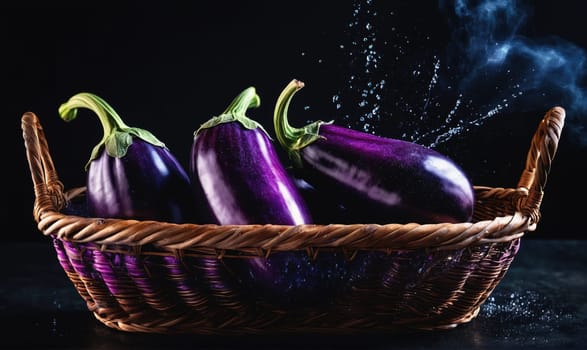 A wicker basket sits on a dark surface, filled with three plump eggplants. Water droplets are spraying out from the center of the basket, highlighting the glossy surface of the vegetables.