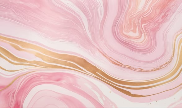 A close-up image of pink and gold marbling. The swirls of pink and white paint are accented with gold paint, creating a luxurious and elegant design.