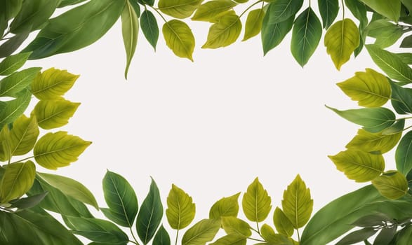 A white background is surrounded by green leaves of varying shapes and sizes. The leaves appear to be from a variety of plants, with some leaves being more pointed than others.