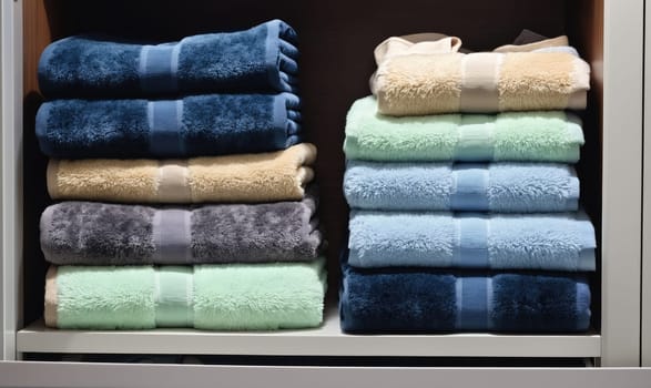 Several stacks of folded towels, each in a different color, sit on a shelf inside a linen closet. The stacks are neatly aligned, with the towels folded into rectangles.