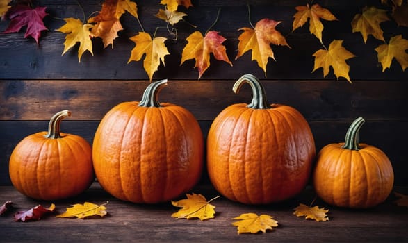 Four pumpkins of various sizes are arranged on a rustic wooden surface. Leaves in shades of yellow, orange, and red are scattered around the pumpkins.