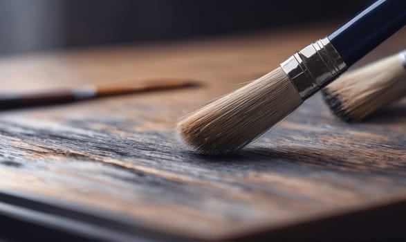 Two paintbrushes are lying on a wooden surface. One brush is in focus and the bristles are touching the wood. The other brush is out of focus in the background.