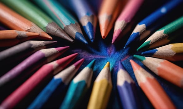 A group of colored pencils are arranged in a circular pattern, with their points all meeting in the center. The pencils are all different colors, and the center of the circle is a dark blue color