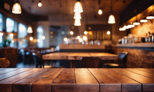 A wooden table in a restaurant, with a blurred background of other tables, chairs, and warm lighting.