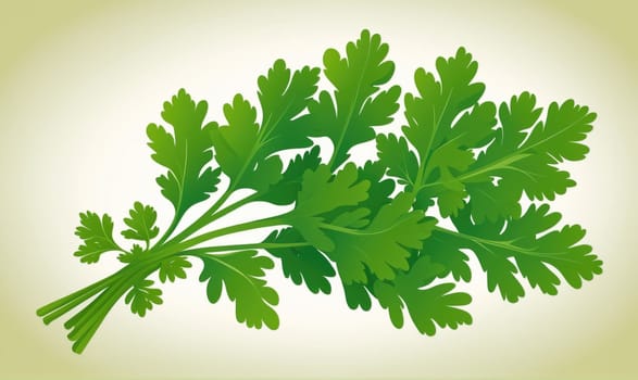 A single sprig of cilantro with several leaves. The cilantro is green and fresh. The background is a light off-white color.