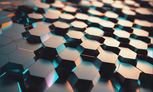 A textured surface made of repeating hexagonal shapes. The hexagons have a silver metallic sheen with a turquoise highlight on their edges. A faint orange highlight appears on some of the shapes.