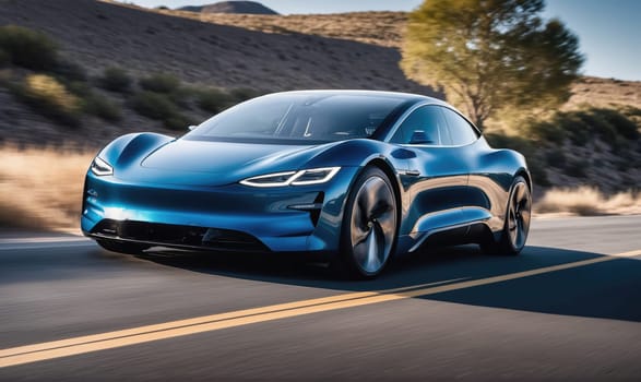 A blue electric car drives on a road through a desert landscape. The car has a sleek, futuristic design. It is driving on a paved road with two yellow lines in the middle.
