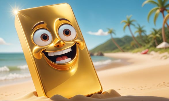 A cartoon gold bar with a smiling face sits on a sandy beach. Palm trees are in the background and a blue sky and ocean can be seen in the distance.