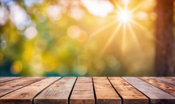 A close-up view of a wooden table with a blurred background of sunlight filtering through leaves. The sun is bright and shining, and the light is soft and warm