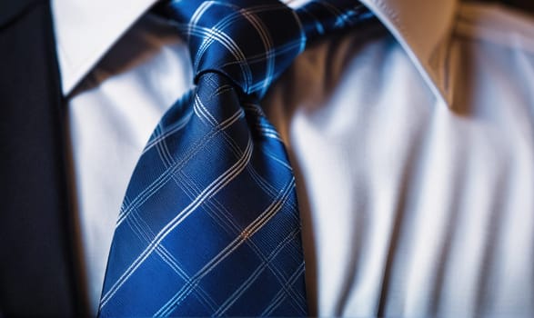 A close-up image of a knotted blue and white patterned tie worn with a white shirt.