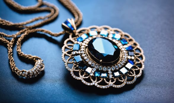 A gold necklace with a large, dark blue gemstone pendant in an intricate gold setting. The pendant is surrounded by smaller blue gemstones and diamonds. The necklace is lying on a blue surface.