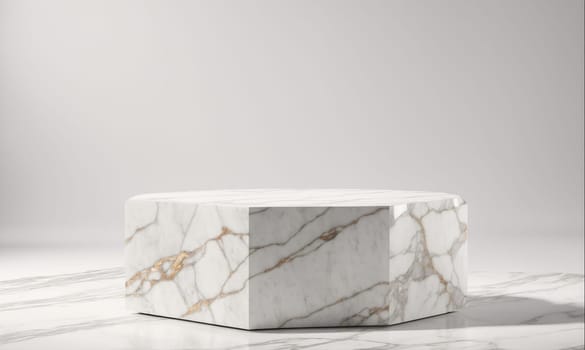 A white hexagonal platform made of marble is situated on a marble floor. The platform is smooth and has a white background.