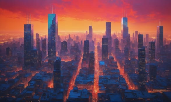 A panoramic view of a city skyline, with many tall skyscrapers, during sunset. The sky is a vibrant orange and pink, and the city lights are starting to twinkle.