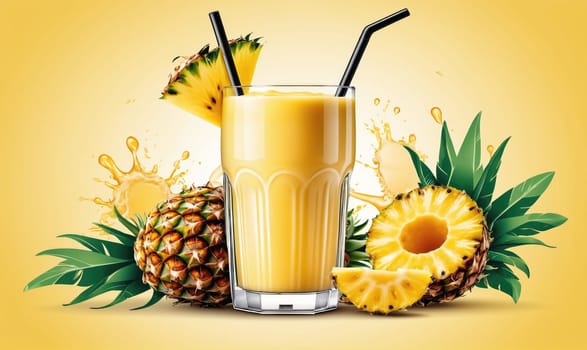 A glass of pineapple juice with two black straws sits on a yellow background. Two whole pineapples and a pineapple slice surround the glass with splashes of juice scattered throughout the image.