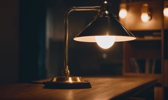 A brass desk lamp with a black shade is turned on and sits on a wooden table. The lamp illuminates the table and provides light for the room.