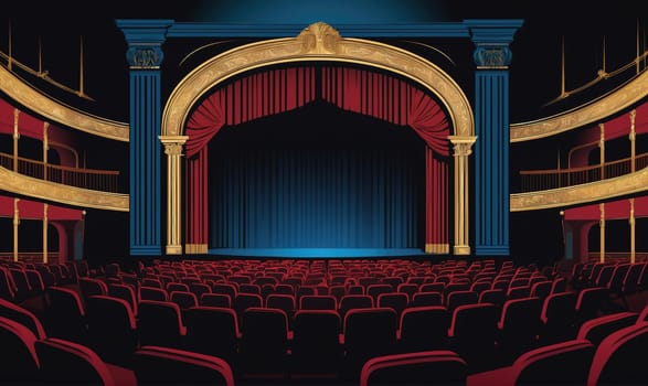 The image depicts an empty theater with red velvet seats and a stage with closed curtains. The stage is adorned with gold trim and red drapes