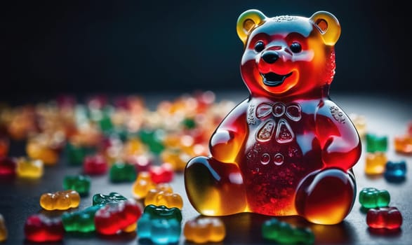 A large gummy bear, red and orange in color, sits on a dark surface with a variety of smaller gummy bears in various colors scattered around it.