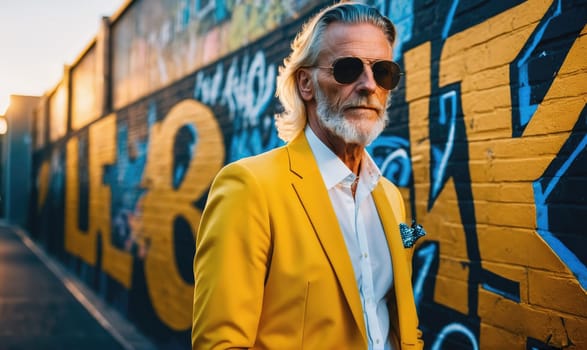 A man with long gray hair and a beard is wearing a yellow blazer and sunglasses. He is standing in front of a brick wall with colorful graffiti. The setting sun casts a warm glow on the scene.