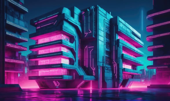 A digital rendering of a futuristic city at night. The buildings are tall and sleek, with glowing neon signs in pink and blue. The ground is wet, reflecting the bright lights.