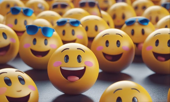 A 3D rendering of yellow emoticons with smiling faces. Some of the emoticons are wearing blue sunglasses. They are arranged in a semi-circle, all facing forward.