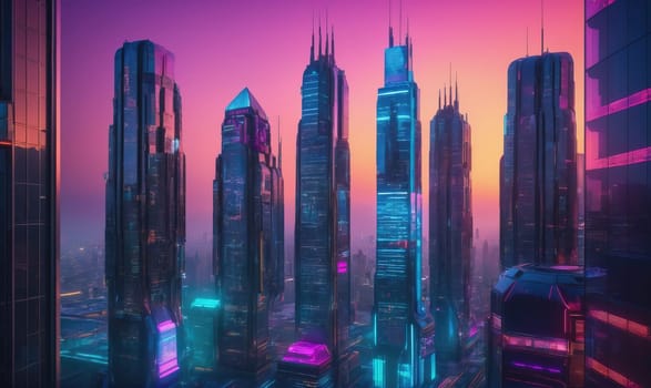 A high-angle view of a futuristic city with tall, sleek buildings lit by neon signs. A vibrant pink and orange sunset fills the sky in the background.