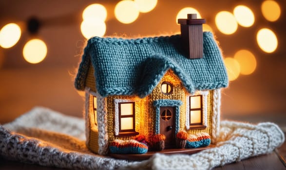 A miniature knitted house with a blue roof, yellow walls, and a wooden door is illuminated from within by warm lights. The house sits on a white knitted blanket