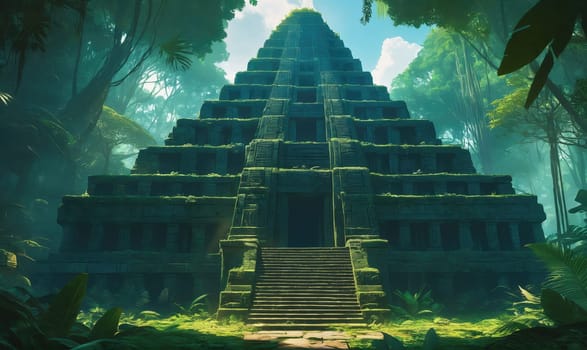 A stone pyramid with multiple levels and a stairway leading to the entrance is surrounded by lush vegetation in a dense jungle.