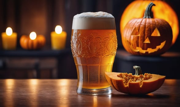 A glass of beer with a white head sits on a wooden table. A carved pumpkin with a smiling face sits on the table beside the glass. In the background, a blurry image of candles and more pumpkins.
