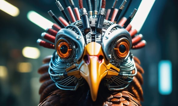 The robotic bird's head is made of metal, wires, and intricate gears, with glowing orange eyes and a sharp beak. Its metallic feathers are visible around the edges.