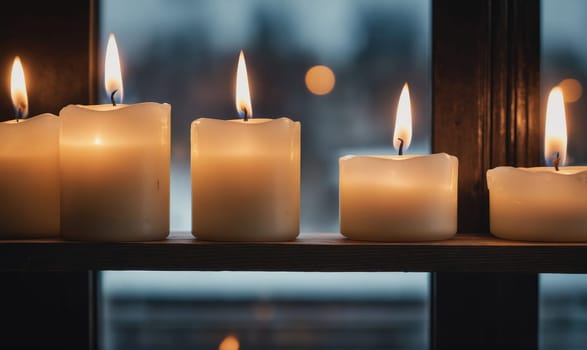 Five white candles are arranged on a wooden ledge, their flames casting a warm glow. The candles are in a row in front of a window, with a blurred outdoor scene visible behind them.