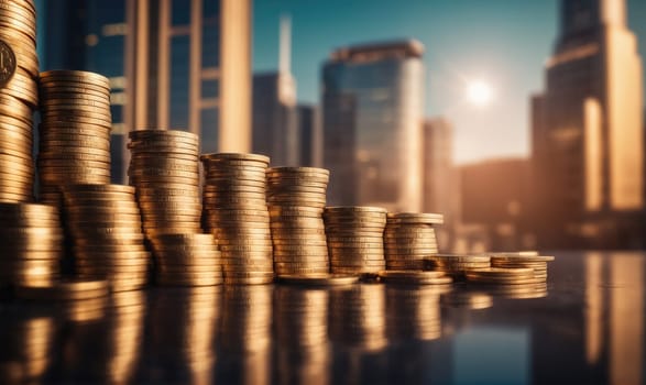 Stacks of gold coins rise in a stair-step pattern against a blurred backdrop of a city skyline at sunset.