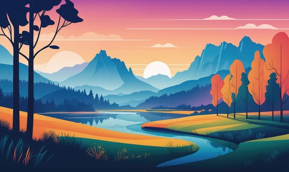 The image depicts a colorful sunset over a mountain range, with a winding river flowing through the valley