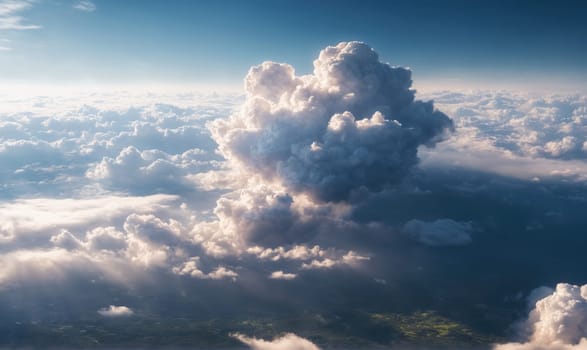 The image shows a large, fluffy white cloud in the sky, illuminated by sunlight shining through from behind it