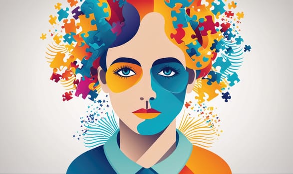 A colorful illustration depicts a person's face divided into two halves, one yellow and one blue. Puzzle pieces in various colors surround the face, suggesting a complex and fragmented identity.