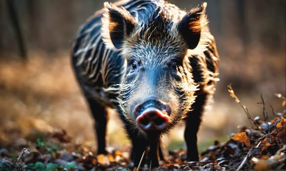 A wild boar stands in a forest with fallen leaves. The boar is looking directly at the camera with a serious expression.