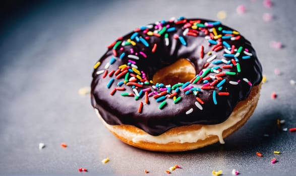 A chocolate glazed donut with sprinkles sits on a gray surface. There are a few sprinkles scattered around the donut. The donut has a creamy filling.