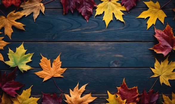 Colorful autumn leaves, mostly yellow and red, are arranged around the edge of a dark blue wooden surface. The leaves are facing inwards towards the center, creating a border.