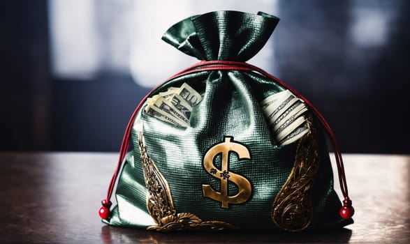 A green money bag with a red drawstring and a gold dollar sign is sitting on a brown wooden table. It is filled with stacks of US dollar bills.