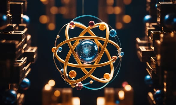 A gold atom model with a blue nucleus hangs in the center of a dark room. Surrounding it are gold and blue orbs that appear to be orbiting it.