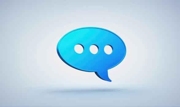 A 3D rendering of a blue speech bubble icon with three empty circles inside, floating in front of a white backdrop. The icon has a glossy finish.