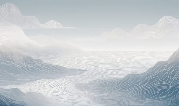 A misty mountain range, with blue peaks, extends across a white, cloudy, landscape. The sky is a light blue, and the clouds are fluffy.