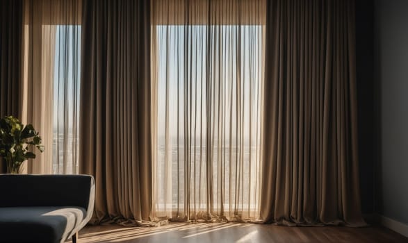 Sheer curtains hang over a large window, letting in sunlight that creates a warm glow on the wooden floor. A couch sits in front of the window, partially obscured by the curtains.
